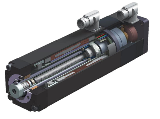 Cutout view of the IMA cylinder actuator. The roller-screw and the integrated servomotor can clearly be seen (click to enlarge).